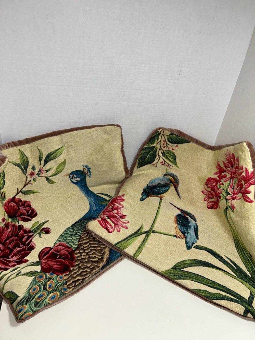 Hines of Oxford Peacock Floral Birds Cotton Tapestry Set of 2 Pillow Covers